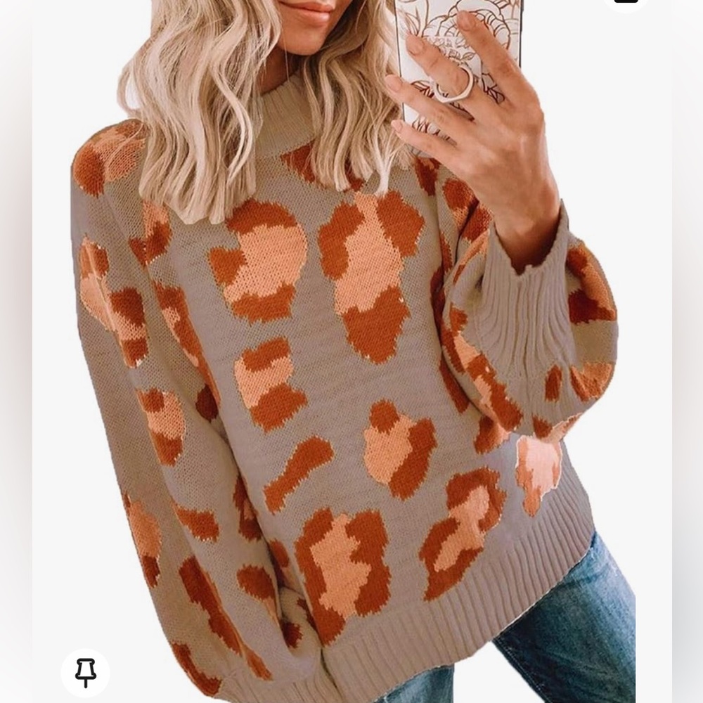 Tan & Rust Leopard Print Oversized Crew Neck Sweater XL Cozy Knit Pullover
